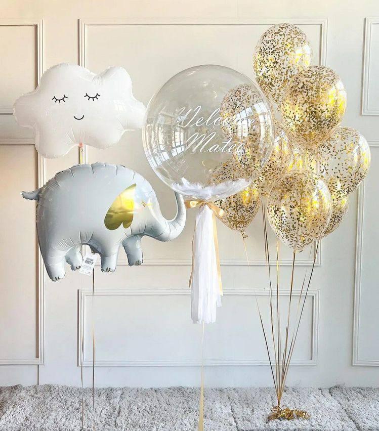 Set Welcome Baby – Elefant, Nor, Bubble cu Text și Baloane cu Strușcă Aurie | Nr. 14